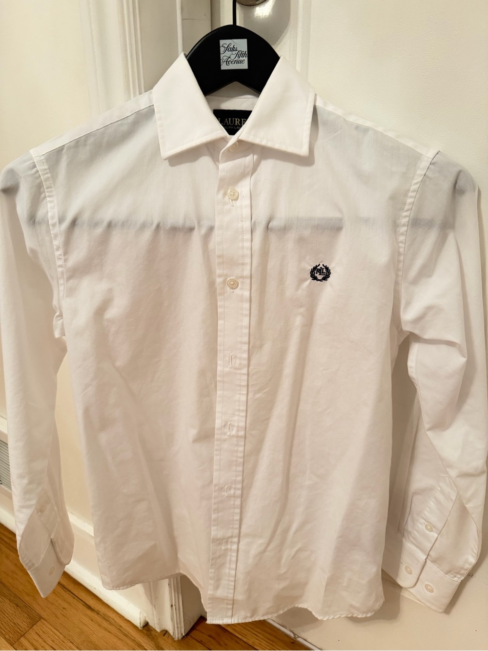 Ralph Lauren White Men's Long-Sleeve Dress Shirt with Navy Laurel Logo